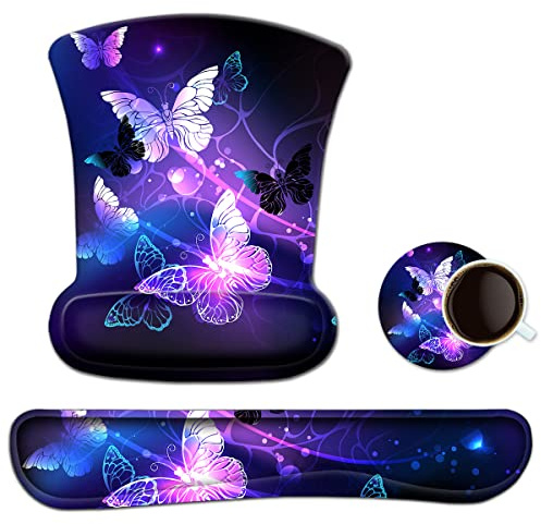 Keyboard Wrist Rest Pad Ergonomic Mouse Pad Set, ToLuLu Gel Mouse Pad for Computer Laptop, Non Slip Mousepad Keyboard Wrist Support Raised Memory Foam for Easy Typing Pain Relief, Art Butterflies