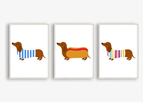Din A4 Kunstdruck ungerahmt 3er Set Süße Dackel Rauhhaardackel Dachshund Hund Hundeliebe Hot Dog Grafik - Druck Poster Bild
