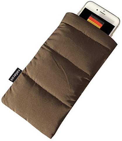 SAFACUS Thermo Handyhülle Tasche Universal Daunen Pouch Handysocke Weihnachten Geschenke für Smartphones Handy Winter Handyhülle für iPhone 14 13 12Plus X, Samsung Galaxy (Brown)