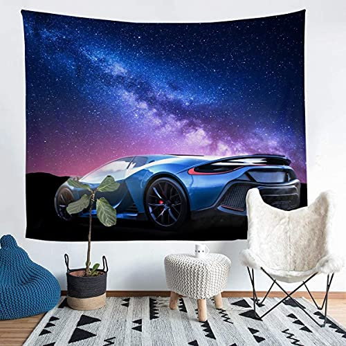 Homemissing Galaxis Wagen Wandteppich 148x200cm Blau Wettrennen Wagen Tapisserie Jungen Universum Sternenhimmel Sportwagen Tapestry Extremsportarten Thema Wandbehang Dekor für Schlafzimmer Wohnzimmer