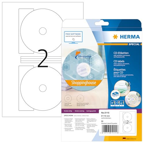 HERMA 5115 CD DVD Etiketten inkl. Zentrierhilfe blickdicht, 800 Blatt, Ø 116 mm MAXI, 2 pro A4 Bogen, 1600 Stück, selbstklebend, bedruckbar, matt, blanko Papier Klebeetiketten Aufkleber, weiß