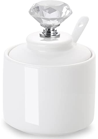 ONTUBE Porcelain Sugar Bowl with Crystal Lid and Spoon 8oz, White (Crystal silver)