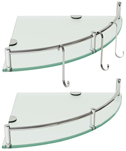 HouseMila Étagère de douche en verre, étagère d'angle en verre trempé à 2 niveaux avec 3 crochets supplémentaires pour douche intérieure