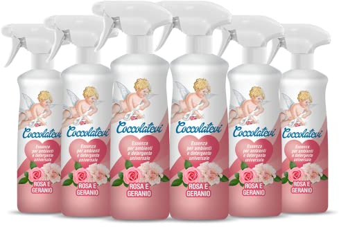 COCCOLATEVI Essenza per Ambienti Rosa e Geranio 750 ml X 6 Profumatore per Ambienti, Armadi, Cassetti, Automobile, Deodorante Ambiente, Profumo casa, Detergente Superfici, Antipolvere, Elimina Odori