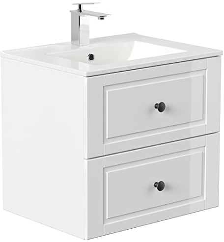 Lomadox Badmöbel Waschtisch weiß Hochglanz im Landhausstil inkl. Keramik Waschbecken, B/H/T: ca. 61,5/55,6/46,5 cm