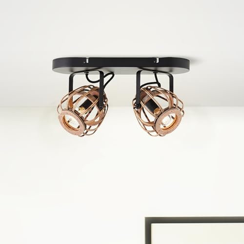 Lightbox 2 flammiger Strahler - Nature Spotbalken mit schwenkbaren Köpfen - 15,5cm Breite - geeignet für E14 Fassung - Metall/Rattan in Schwarz/Natur