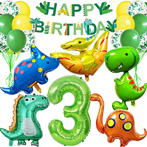 Dino Geburtstag Deko 3 Jahre, Dino Deko Kindergeburtstag, Geburtstagsdeko 3 Jahre Junge, Dino Deko Folienballon 3 für Dino Party Kindergeburtstag Deko Geburtstag Junge