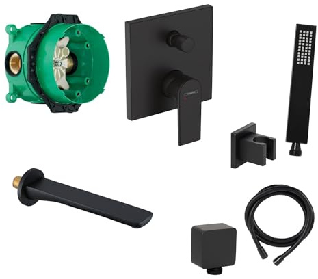 vanvilla Wannenset Unterputz mit Wannenarmatur Hansgrohe schwarz HGS26 | Wannenarmatur von Hansgrohe Vernis Shape Einhebelmischer vanvilla Wanneneinlauf und Handbrause eckig Wannen-SET schwarz