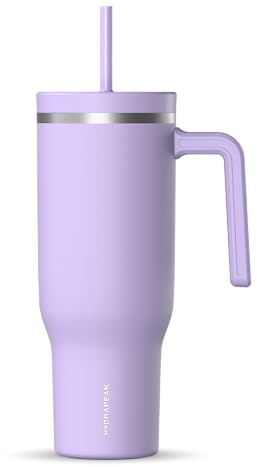 Hydrapeak Voyager - Vaso de acero inoxidable de 40 onzas con asa, botella de agua aislada con popote y tapa, apta para portavasos, taza de viaje reutilizable (lavanda)