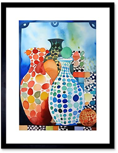 Artery8 Polka Dot Glazed Porcelain Ceramic Vases Folk Art Artwork Framed Wall Art Print 12X16 Inch