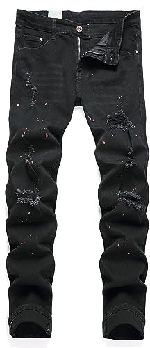 TMMMT Men's Fashion Washed Perforated Elastic Slim Fit Jeans, 8807 Black, 28