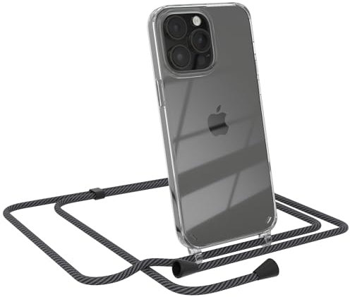 EAZY CASE Handykette kompatibel mit iPhone 14 Pro Max Handyhülle mit Umhängeband, Handykordel Schutzhülle, Silikonhülle, Hülle Band, Stylische Kette Smartphones, Schwarz/Anthrazit - Clips Schwarz