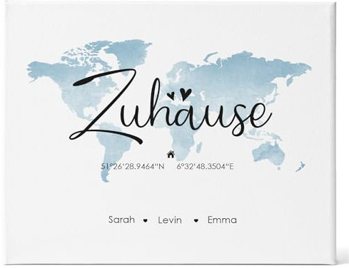 GRAVURZEILE Personalisierte Leinwand Zuhause Personalisiert mit Namen & Koordinaten - Moderner Kunstdruck auf Leinen - Wand Dekoration im minimalen Look - Geschenk für Familien Sie & Ihn - Blau