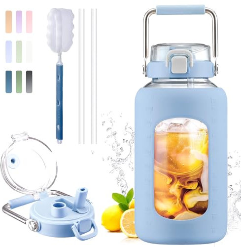 BLUEGO 2500ml Bouteille d'eau en verre avec poignée en acier inoxydable 2,5L Grande Gourd avec marqueurs de temps et manchon en silicone Carafe à eau Sans BPA pour sport, Bleu