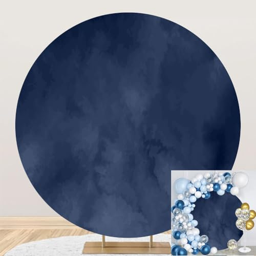 DORCEV Navy Blue Marble Texture Round Backdrop Cover 7.2x7.2ft Navy Blue Marble Happy Birthday Background for Photography Wedding Party Decor Adults Birthday Circle Backdrop Cover Photo Booth Props