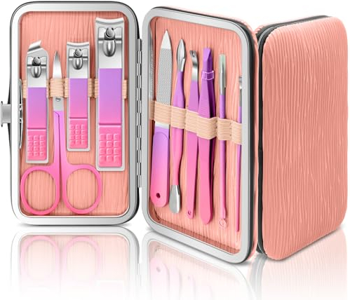 BLESWIN Kit de Manicura 10 en 1, Kit de Manicura Profesional para Mujeres Hombres, Herramientas de Manicura y Pedicura, Estuche de Viaje de Cuero de lujo para Familiares y Amigos (Rosa Púrpura)