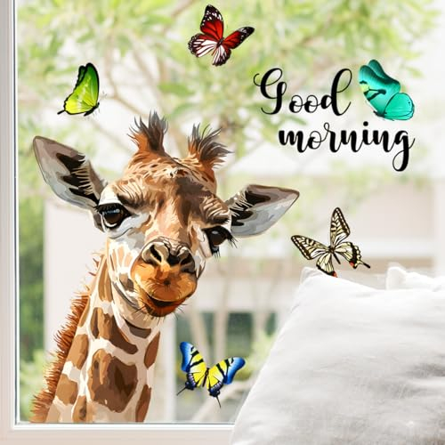 Tanlaby Cartoon Giraffen Fensterbilder Guten Morgen Schmetterling Fensteraufkleber Selbstklebend Fenstersticker Tiere Kinderzimmer Mädchen & Junge Fenster Glastüren Frühling Sommer Fensterdeko