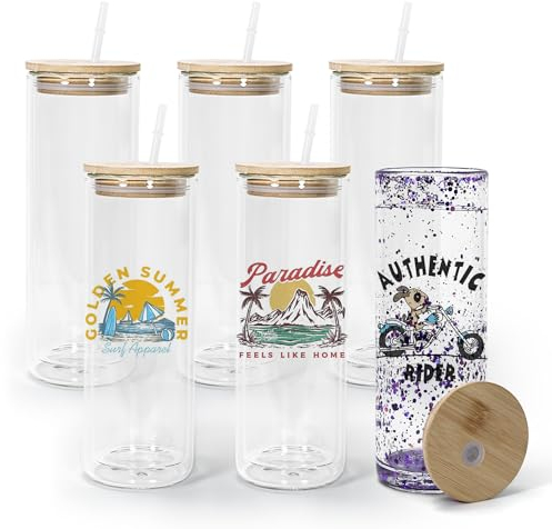 AGH life 6 Pack Sublimation Glass Cups Blanks 20oz (591ml) with Bamboo Lid and Straw, Clear Snow Globe Glass Double Wall Cans, Sublimation Tumblers Beer Cans Drinking Cups, Coffee Cup for Juice, Soda