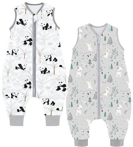 Chilsuessy Baby Schlafsack mit Füße 2er Pack 1.5 Tog Ganzjahres Schlafsack Baby Schlafsäcke Babyschlafsack mit Beinen für Säugling Kinder, 1.5 Tog/Süßer Welpe + Panda, 80cm/Baby Höhe 90-100cm