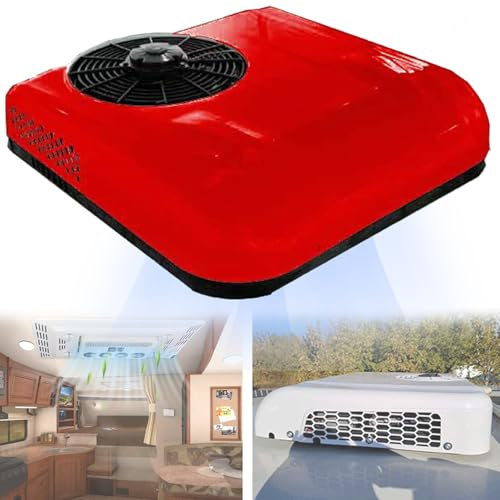 Climatiseur Toit 12V/24V CC pour Camping-Car,Unité Climatisation Toit - sans Conduit,Refroidissement,Climatisation Stationnement avec Télécommande,pour Camping-Cars/Camions/Bus etc,Red-12V