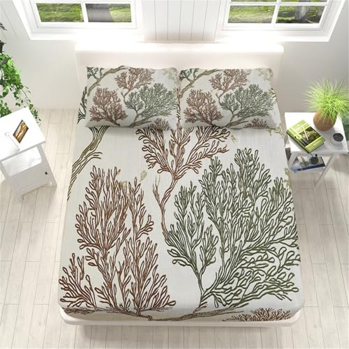 Marine Life Sea Fan Single Fitted Bed Sheet - Hotel Luxury Breathable Fitted Sheet Deep Pocket 12 inch Beige Soft & Comfy Brushed Bed Sheet with 2 Pillowcases for Kids