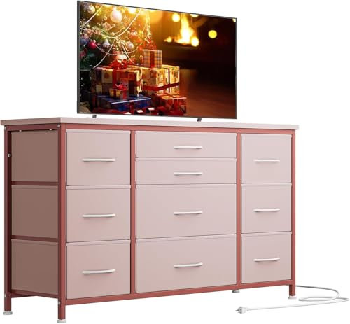 FairyLee Kommode mit Schubladen, mit Steckdose,Multifunktionaler schubladenschrank für Schlafzimmer und Wohnzimmer - Stabile und langlebige Sideboard,120 * 40 * 70 cm,Rosa