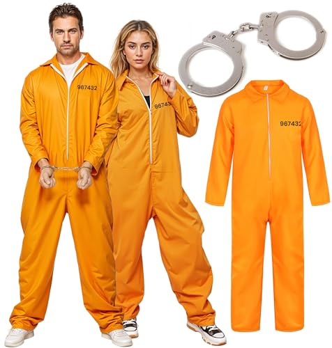 The Fancy Dress Unisex Mens Prisoners Convict Costume With Hand Cuffs - Adults Womens orange prison Overall jumpsuit Halloween Costumes UK