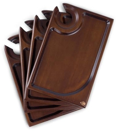 PICNIC TIME Rectangle Wine Appetizer Plates Set of 4, Cocktail Plate with Glass Holder, Cheese Board with Wine Holder, (Stained Parawood)