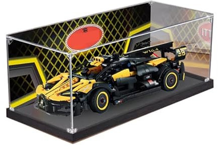 HCAEIOFJ Transparente Acryl-Vitrine für Lego Technic 42151, anwendbar für Bugatti Bolide Rennwagen-Schaukasten, Geschenk (nur Vitrine) (schwarze Unterseite + Hintergrund1)