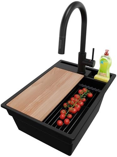 PRIMAGRAN Granitspüle ab 40er Unterschrank + Küchenarmatur, 38x53cm | Set: Küchenarmatur BW9010 + Ablauf-Set (Siphon, Ablaufgarnitur, Überlauf) + Spülbecken 1 Becken - Oslo Pocket, Alles Schwarz