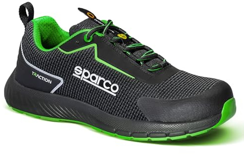 Sparco Traction S1PS Sanyo Zapatos de Seguridad y contra Incendios, Unisex Adulto, Negro Verde Fluo, 42 EU