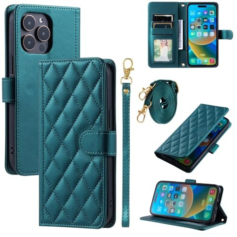 Handyhülle für iPhone 15 Pro Hülle mit Band Klappbar,Premium Leder Klappbar Tasche Flip Case Magnet Kartenfach Standfunktion Klapphülle Schutzhülle für iPhone 15 Pro(Grün)