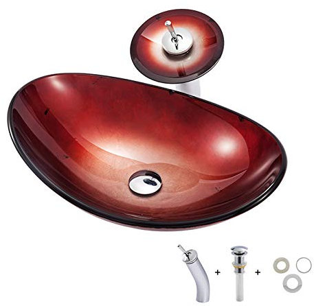 WOTZOV Lavandino da appoggio Rosso per Bagno con Rubinetto a Cascata, Set di lavabi da appoggio in Vetro temperato Artistico, lavabo da appoggio con Scarico a Scomparsa