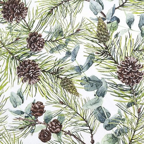 Home Fashion 20 Servietten Winter Eukalyptus und Zapfen als Tischdeko. Papierservietten weihnachtlich mit Motiv. Auch für Decoupage und Serviettentechnik 33x33cm