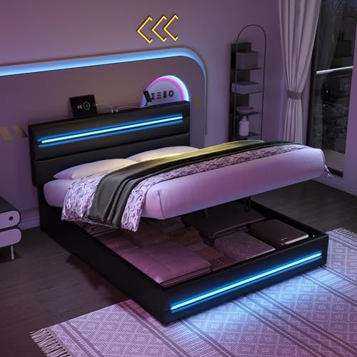 Upholstered Ottoman Bed with LED Lighting & Charging Station, 4ft6 Double Bed Frame with LED Adjustable Headboard, PU Functional Hydraulic Gas Lift Up Storage Beds with Wooden Slats,No Mattress,Black