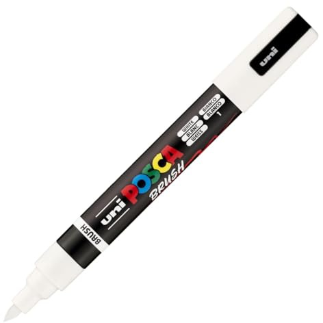 POSCA PC5BR Paint Marker Brush Water Base – All Holder – White | Uni Mitsubishi Pencil - Semi-flexible medium tip 1-1/4 inch. Full coverage, permanent on porous surfaces