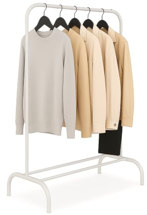 Relaxdays clothes rack, HxWxD: 150 x 110 x 40 cm, with shelf & rail, metal, robust, coat stand, white