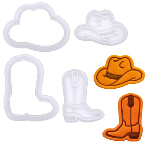BAKERLOGY Mini Cowboy Boot and Hat Cookie Cutter and Stamp Set (2) – Western-Themed Cupcake Fondant Embosser for Country Party, Farm Rodeo Bakes and Yeehaw Cakes