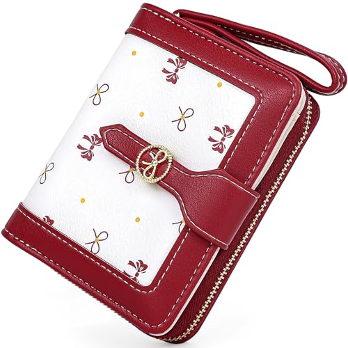 Busnos Geldbörse Damen Geldbeutel Klein Portemonnaie Damen Mini Portmonee for Women Geldbörsen Schleife in Rot mit Münzfach und Kartenfächern | Geldbeutel aus PU Leder