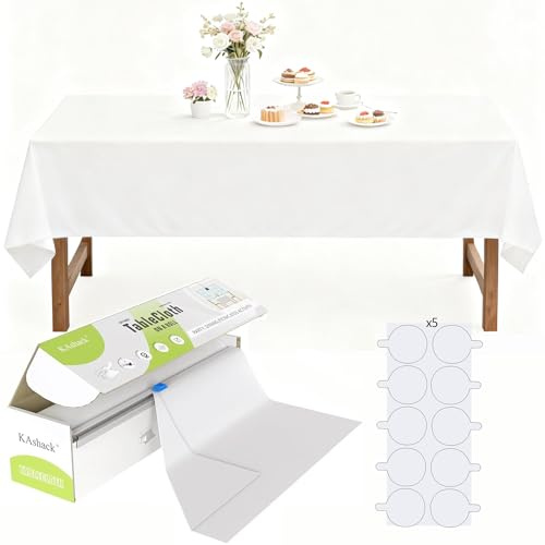 Einweg Tischdecke Rolle Weiß Plastik Tischdecken mit Cutter-Box 137x3000 cm | PEVA Plastiktischdecke mit Cutter-Box & 50 Nano-Aufklebern für rechteckige & runde Tische, Party, Picknick, Babypartys Events