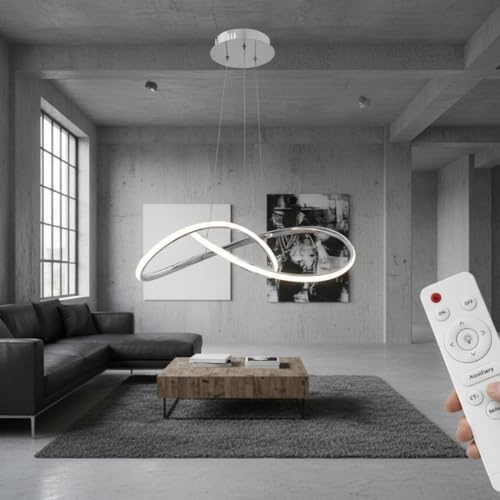 StandHeiz LED Pendelleuchte Spirale Silber 72W 5760lm – Dimmbar mit Fernbedienung – Moderne Design Hängeleuchte für Wohnzimmer & Esszimmer – Einstellbare Lichtfarbe 3000–6000K – 55 cm