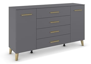 Rauch Möbel ADITIO, Kommode, Farbe Grau metallic, Breite 160 cm | Sideboard im Skandi-Design, 2-türig, 4 Schubladen, Soft-Close, Massivholz Griffe und Füße, für Schlafzimmer, Wohnzimmer, Flur