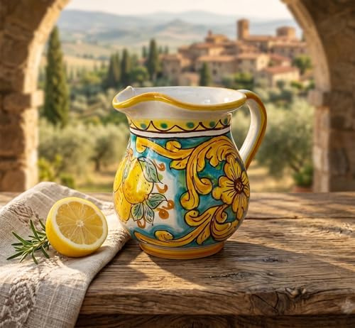 Mondocreazioni Caraffa in Ceramica siciliana Boccale Realizzato e Decorato a Mano Santo Stefano di Camastra Art. Limoni 0,5 LT