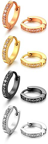 Cupimatch [4 Paia Uomo Donna Orecchini Cerchio Piccoli Acciaio Inossidabile Mosaico Zircone Argento Nero Oro Rosa Regalo Perfetto