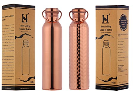 HealthGoodsIn- Set of Plain and Hammered Copper Water Bottle with Handle | Seamless Leak-Proof Water Bottle Set 1000 Ml (33.81 Fluid Ounce)