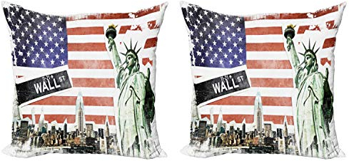 ABAKUHAUS Amerikanische Flagge Dekokissen Kissenbezug 2er Pack, New York, Modern Accent Doppelseitiger Digitaldruck, 40x40, Mehrfarbig Korallenrot