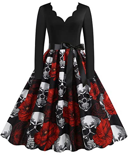 Clearance Halloween Vintage Dresses for Women - 50s Long Sleeve A-line Skater Swing Witch Lace Fall Skeleton Pumpkin Printed Prom Party Cocktail Dress Cosplay Costumes, #12-red, XL