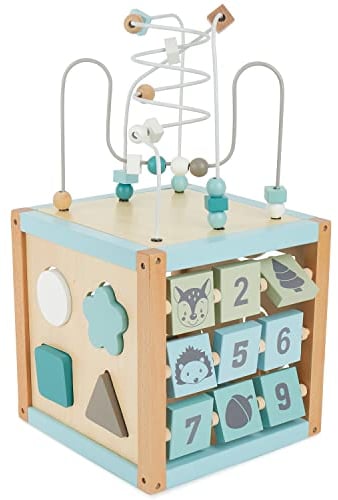 Bieco Motorikwürfel XXL Scandi-Chic | Motorikspielzeug ab 1 Jahr | Activity Center Baby Spielzeug 1 Jahr | Holz motorikschleife ab 1 Jahr Baby