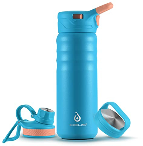 IDEUS Vacuum Insulated Water Bottle 710ml/24oz, Leak-Proof Stainless Steel Water Bottle, Double Wall Flask, Metal Sports Canteen with 2 Lids