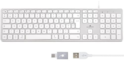 Bluestork Teclado QWERTY con Cable para Mac - Teclas cóncavas y silenciosas, Incluye Ñ - 13 accesos directos Multimedia, Adaptador USB/USB-C - Nuevo 2022, Blanco
